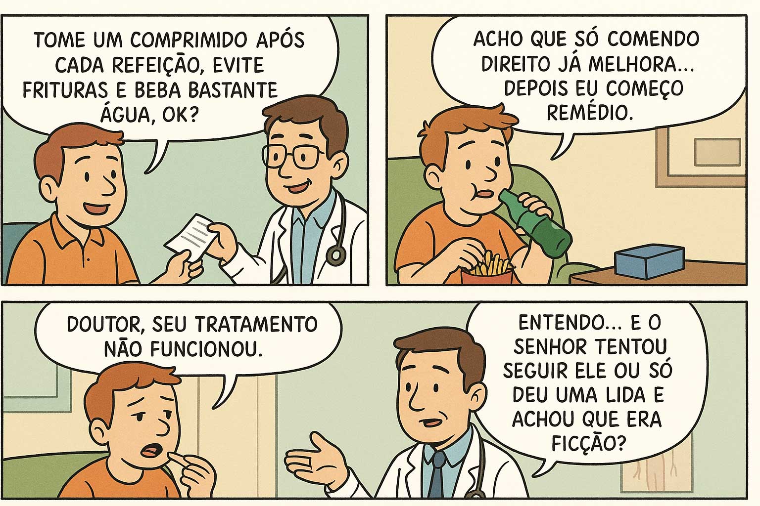 Tirinha sobre tratamento médico que não funciona